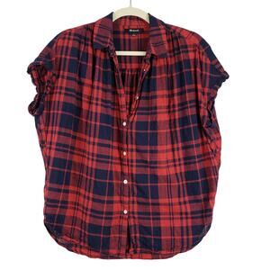 Madewell Women's S Cap‎ Sleeve Plaid Button Up Red Blue Checkered Western Casual